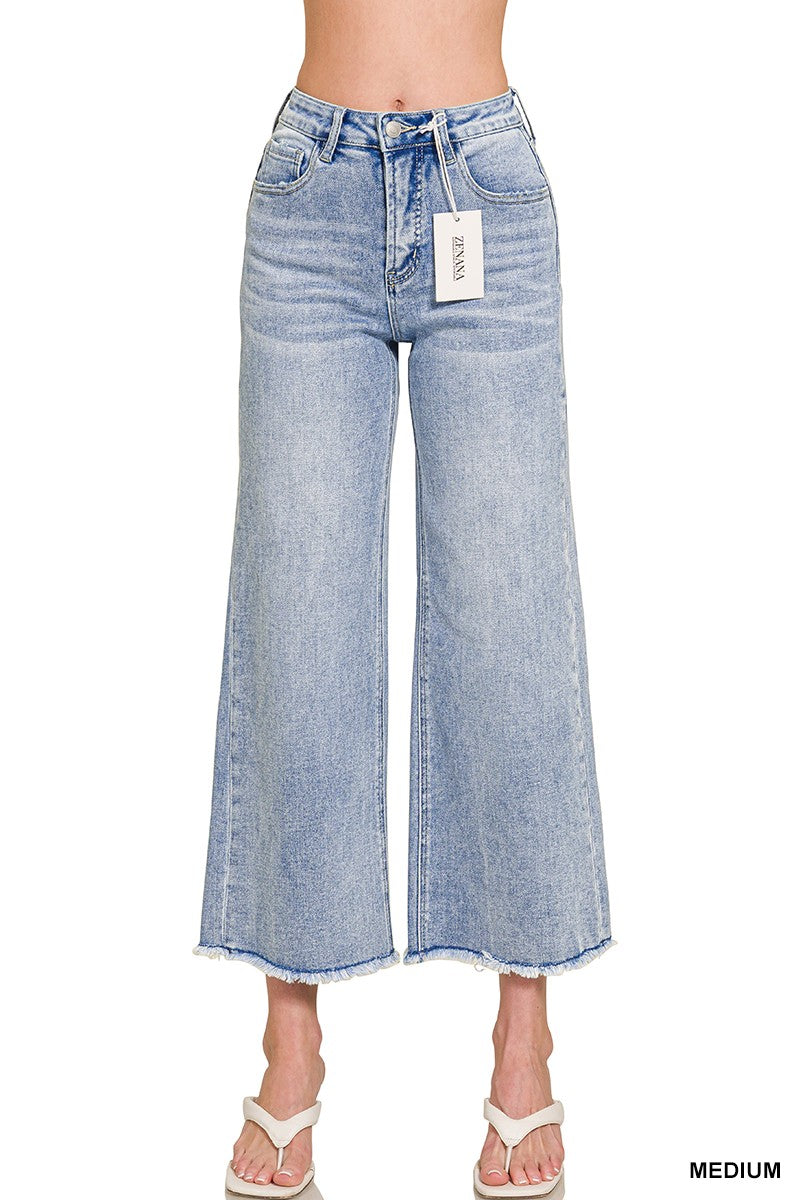 634 The Cool Girl High Waist Wide Leg Fray Hem Denim Pants ZENANA