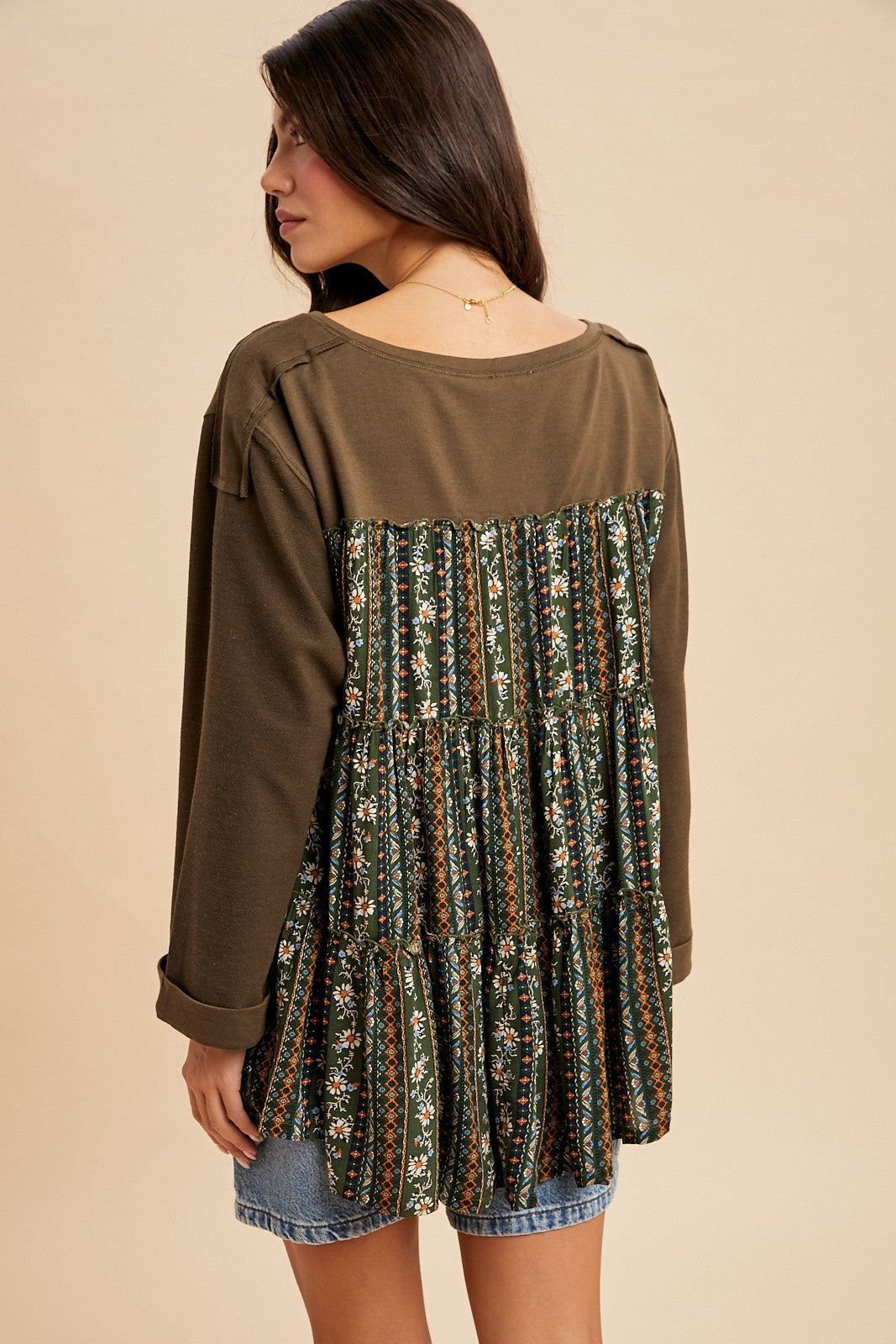 Oversized Henley Contrast Print Top