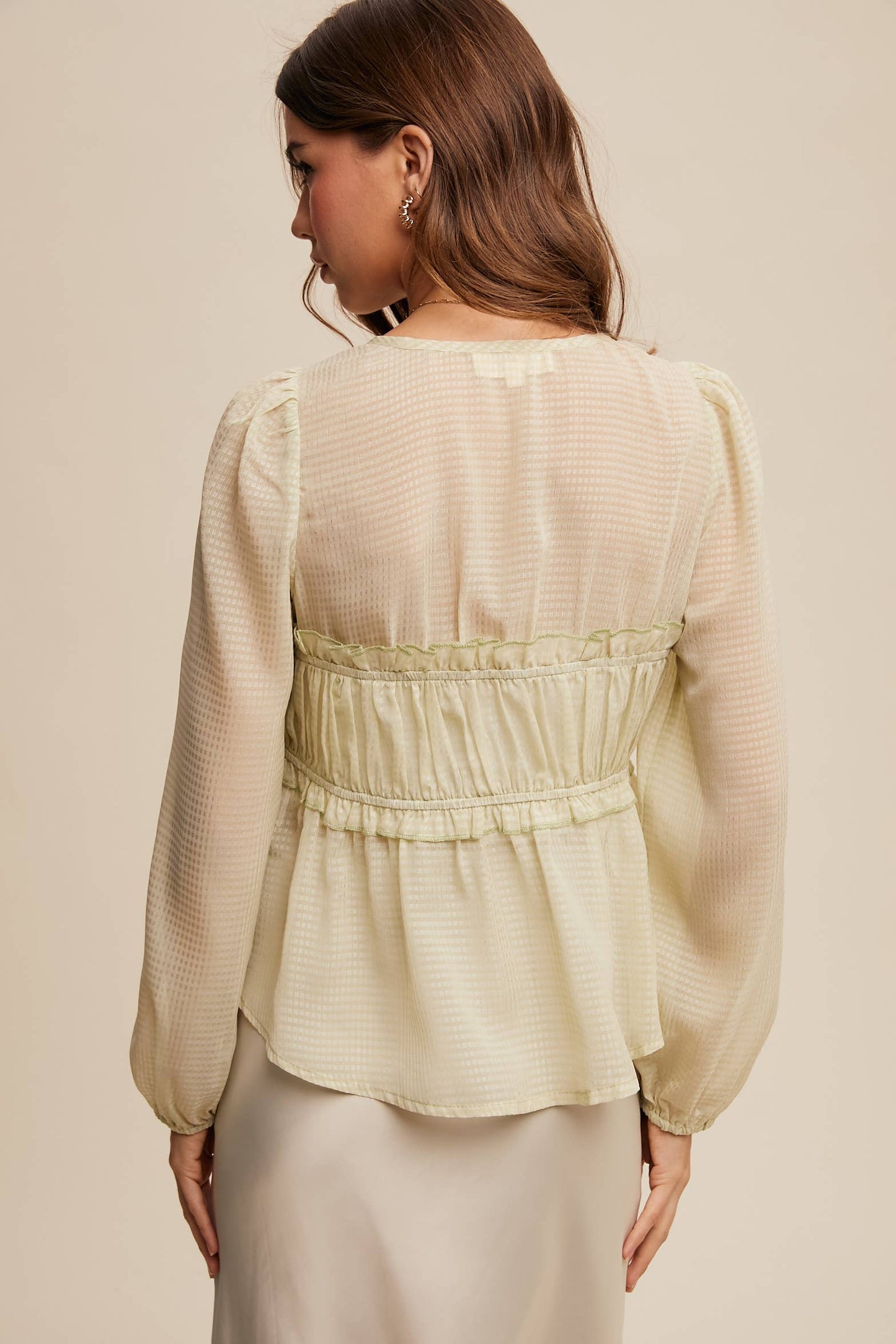 3146 Sheer Puff Sleeve Tie-Front Blouse