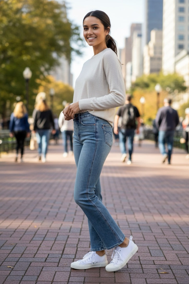 Shayla Judy Blue Full Size Tummy Control Back Embroidered Pocketed Bootcut Jeans