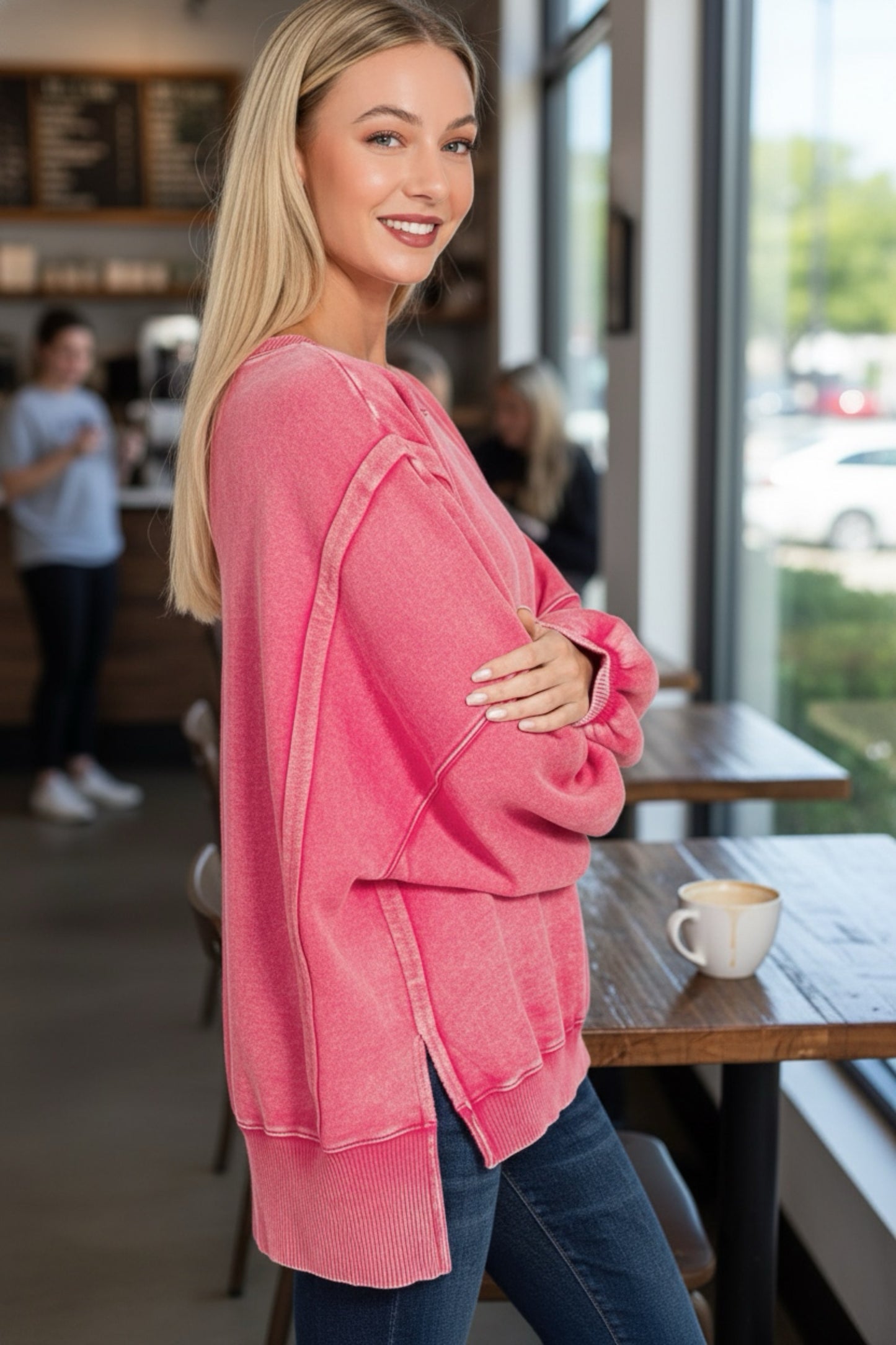 789 Zenana Acid Washed Batwing Sleeve Fleece Sweatshirt