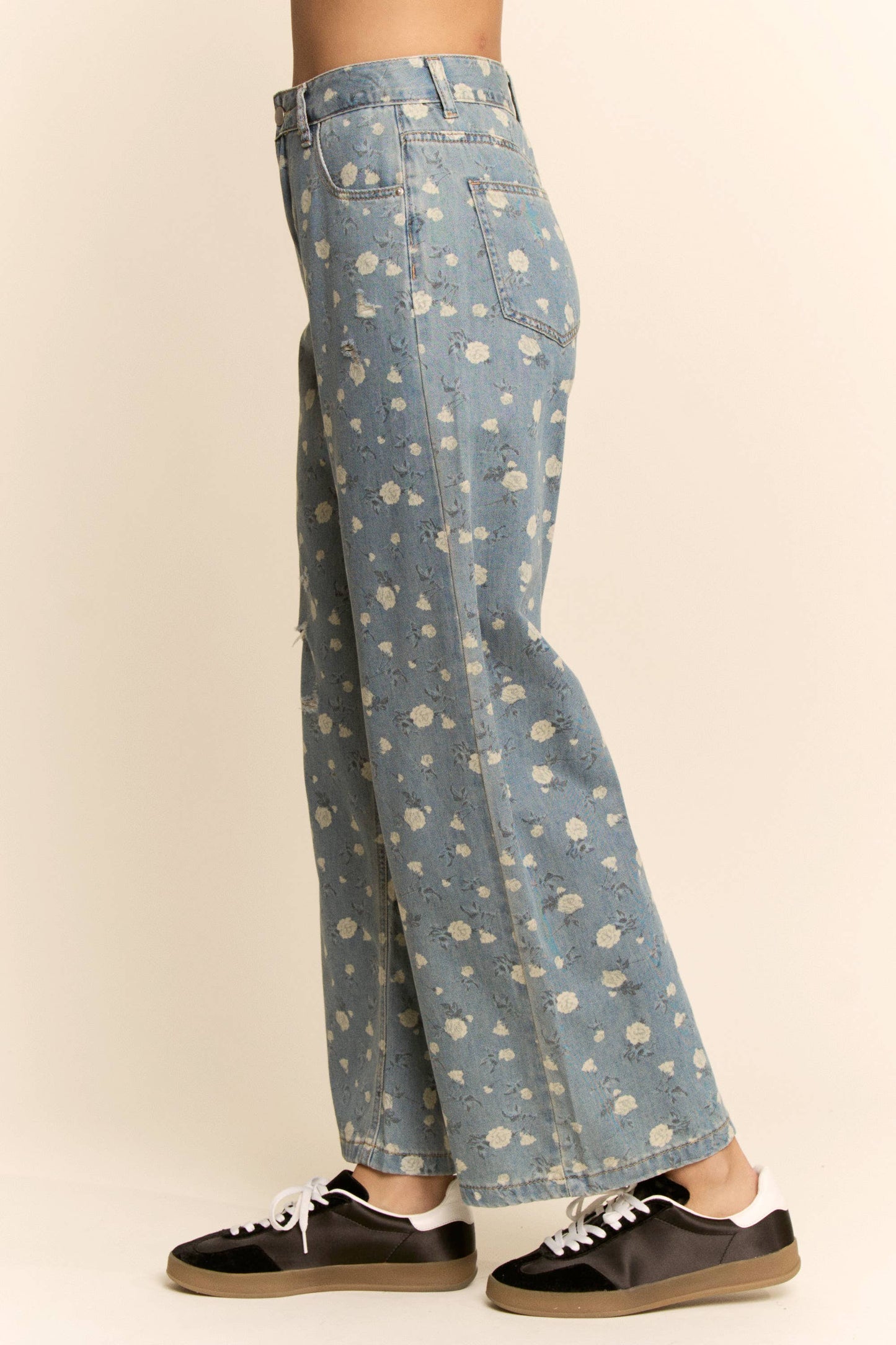 698 FLORAL PRINT HIGH-WAISTED WIDE-LEG DENIM PANTS SM-3XL