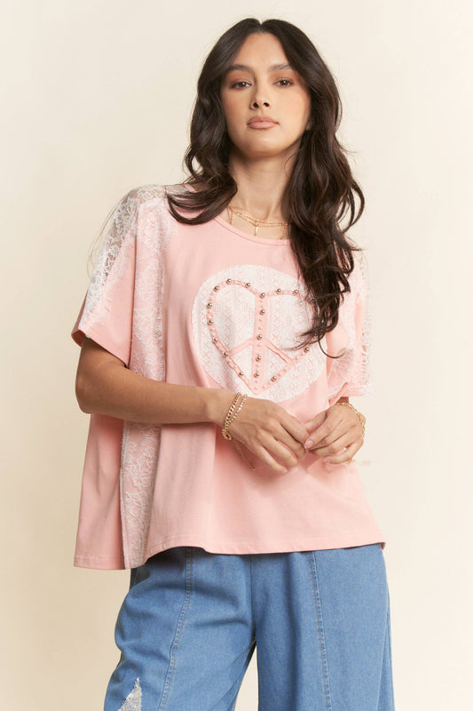 532 You Are My Love Peace Heart Lace Detail Top Davi Dani