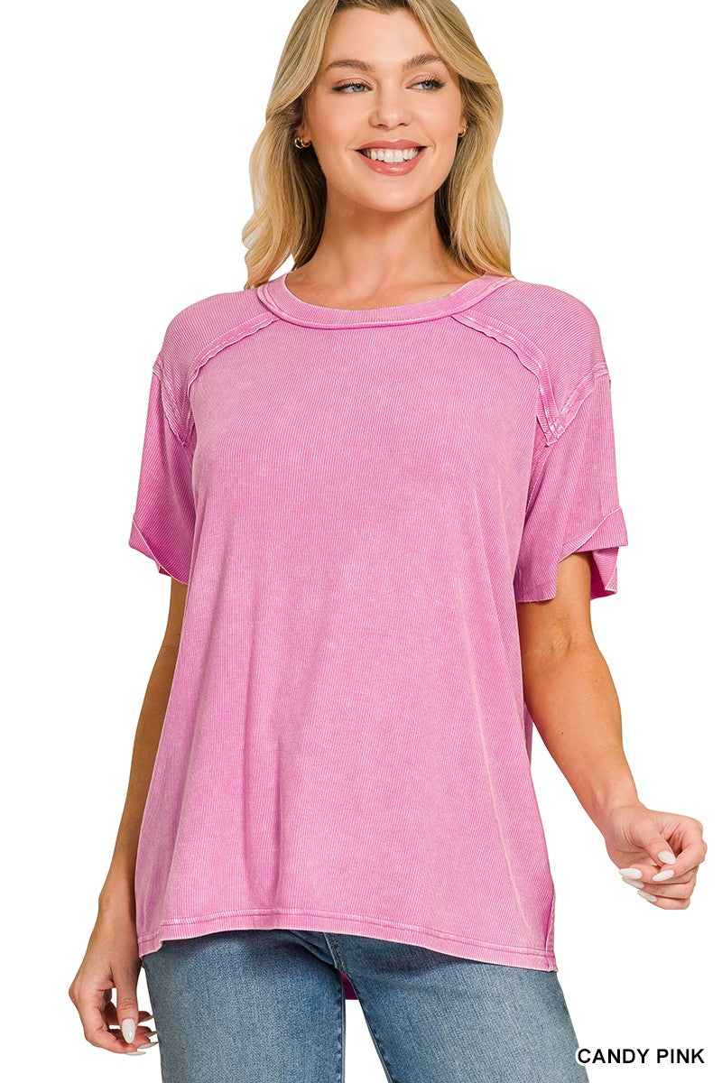 968 Coastal Ease Washed Ribbed Boat Neck Top Zenana S-XL