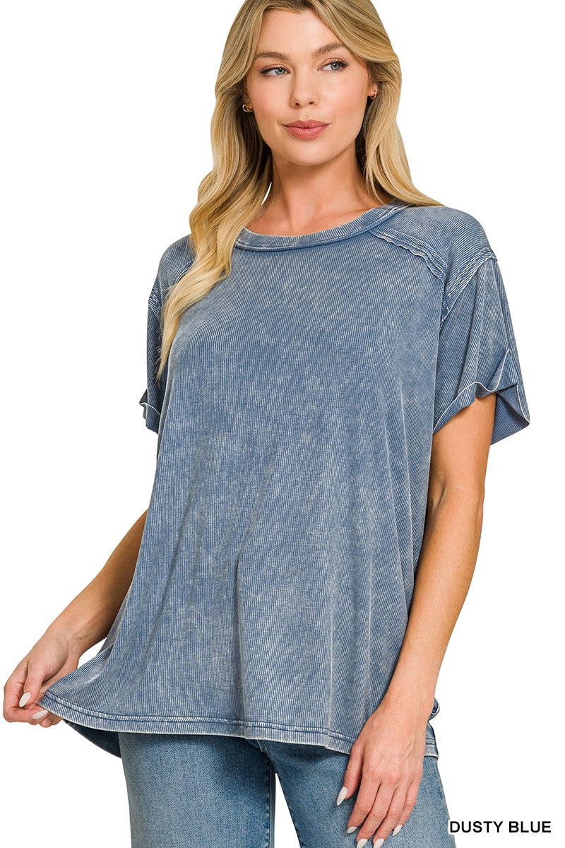 968 Coastal Ease Washed Ribbed Boat Neck Top Zenana S-XL