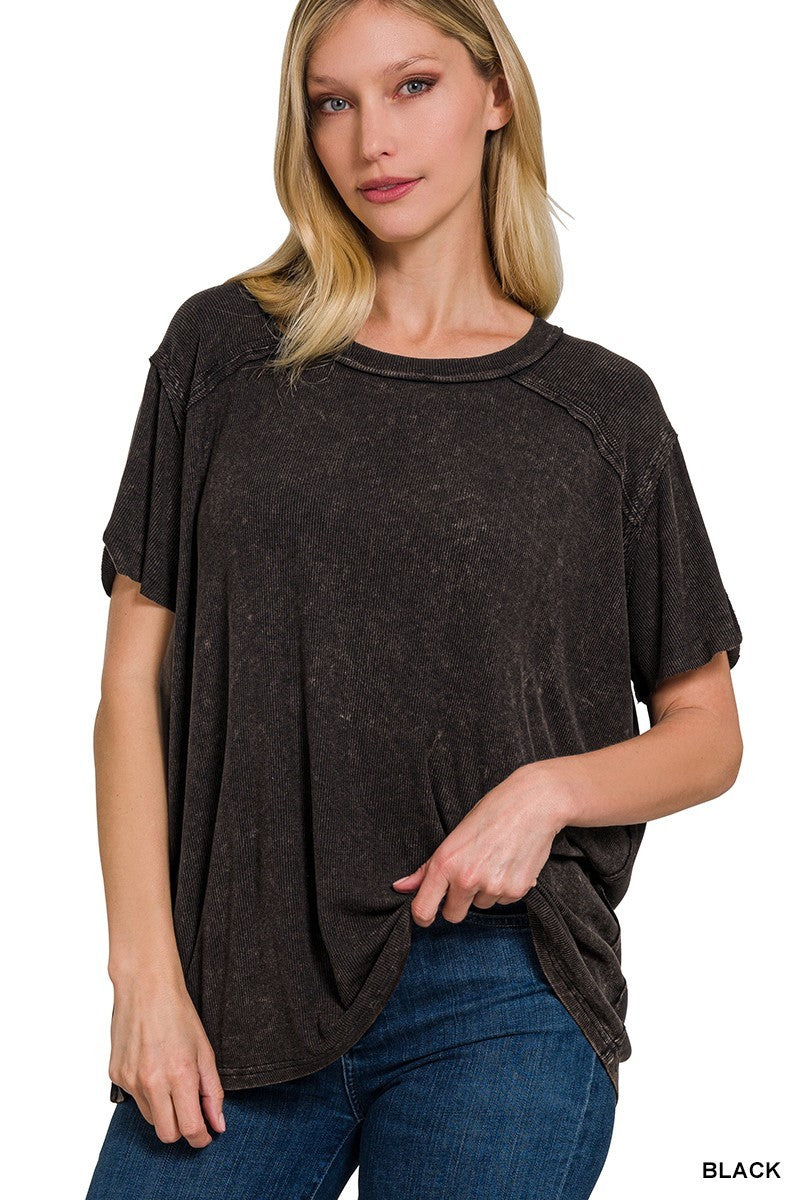 968 Coastal Ease Washed Ribbed Boat Neck Top Zenana S-XL
