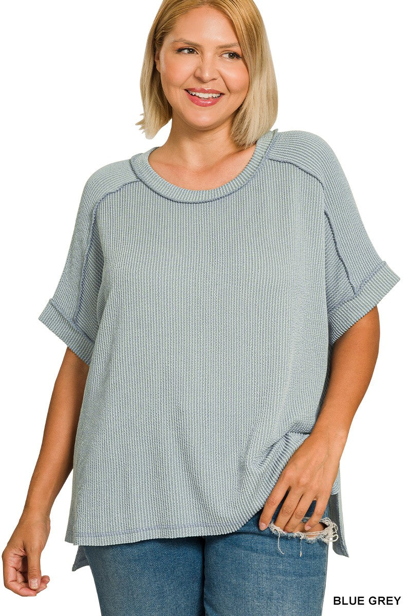 967 Raised Rib Cuff Sleeve Raw Edge Top SM-3X