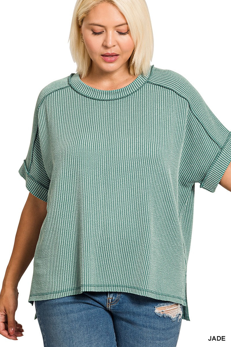 967 Raised Rib Cuff Sleeve Raw Edge Top SM-3X