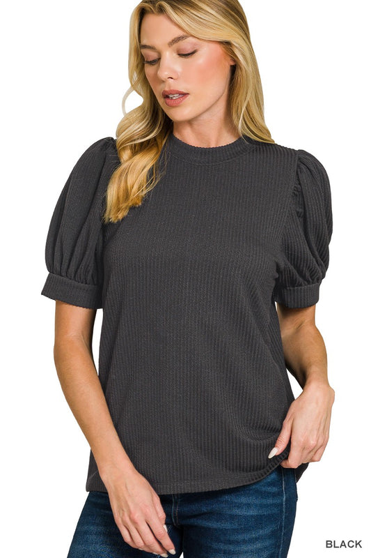 9774 Cloudline Ribbed Puff Sleeve Top Zenana