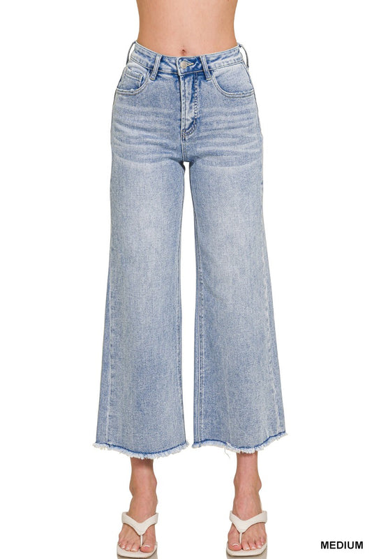 634 The Cool Girl High Waist Wide Leg Fray Hem Denim Pants ZENANA
