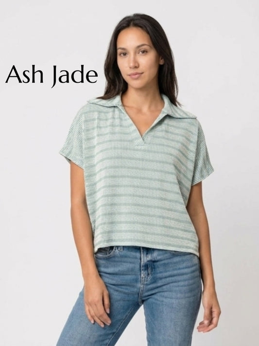 966 Raised Rib Striped Collared Top Zenana
