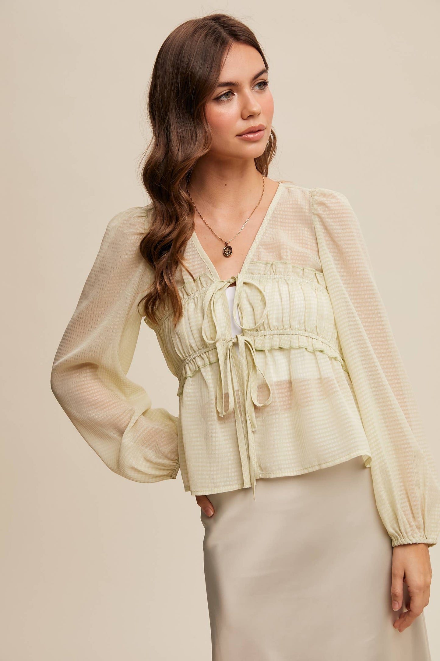 3146 Sheer Puff Sleeve Tie-Front Blouse