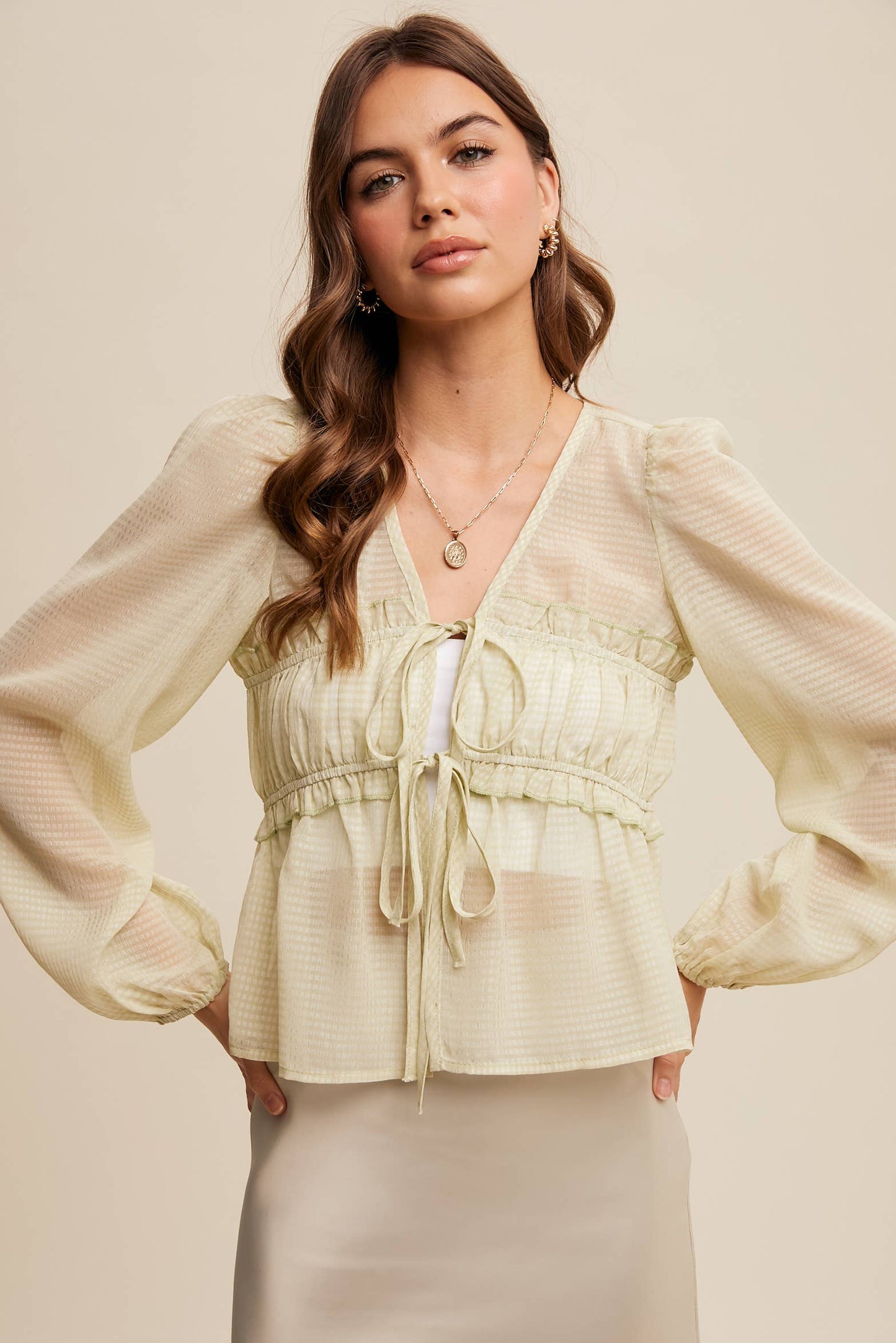 3146 Sheer Puff Sleeve Tie-Front Blouse
