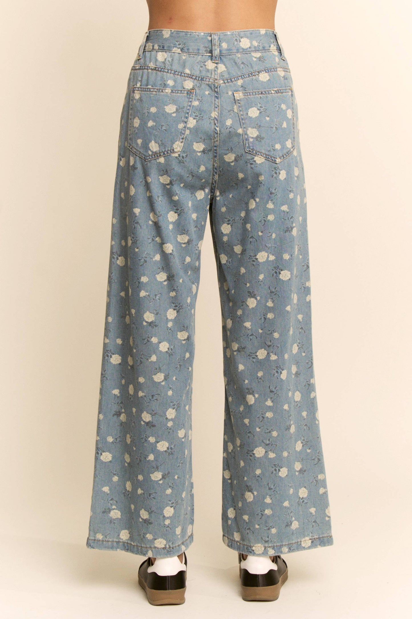 698 FLORAL PRINT HIGH-WAISTED WIDE-LEG DENIM PANTS SM-3XL