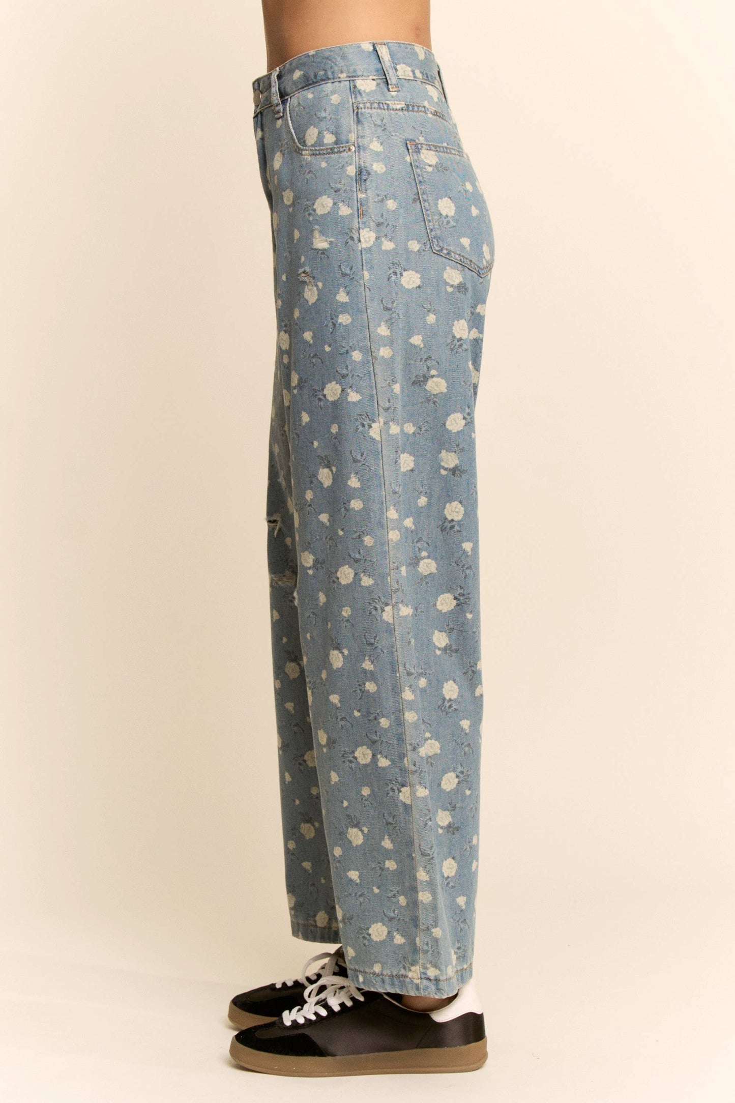 698 FLORAL PRINT HIGH-WAISTED WIDE-LEG DENIM PANTS SM-3XL