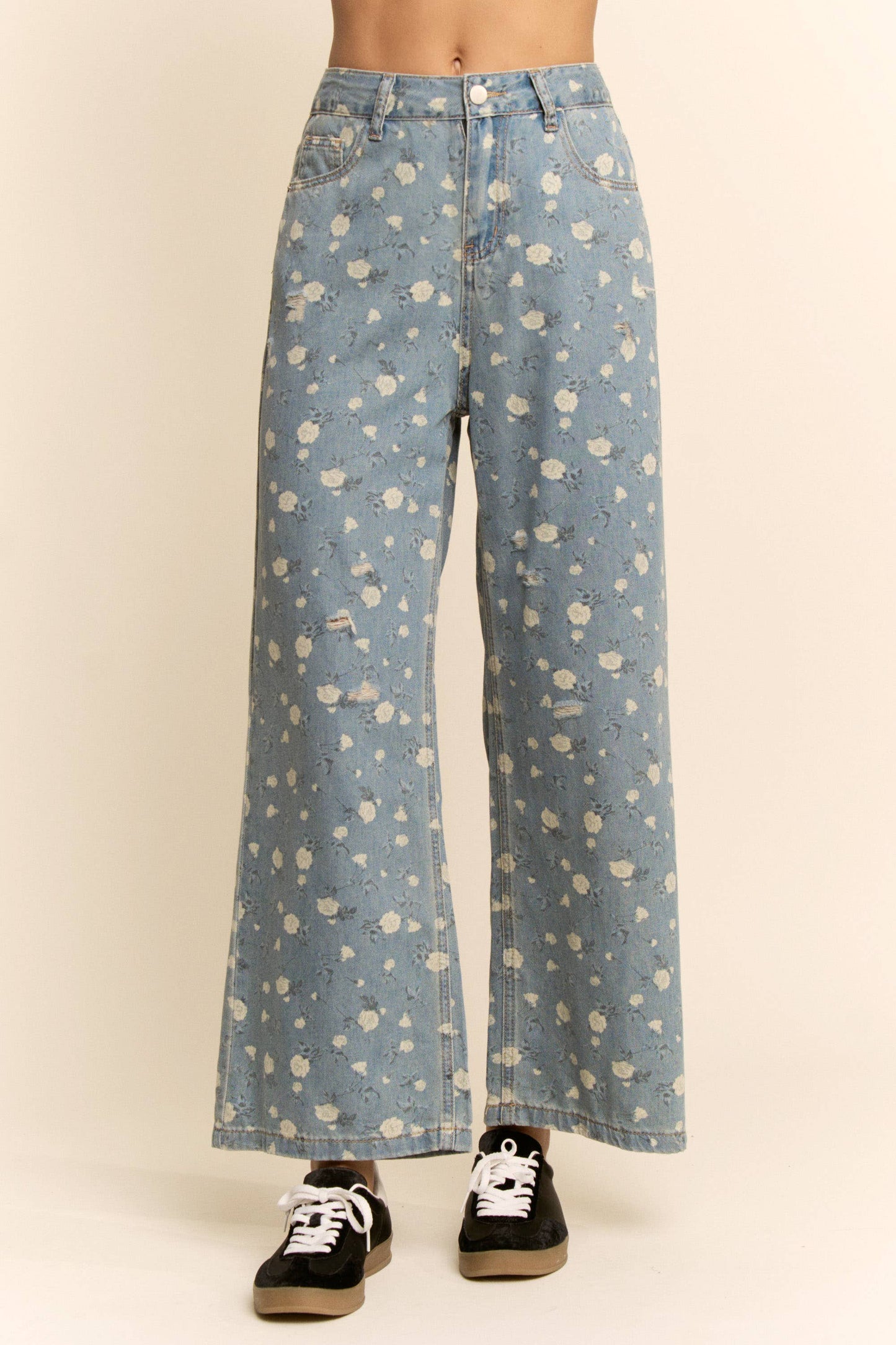 698 FLORAL PRINT HIGH-WAISTED WIDE-LEG DENIM PANTS SM-3XL