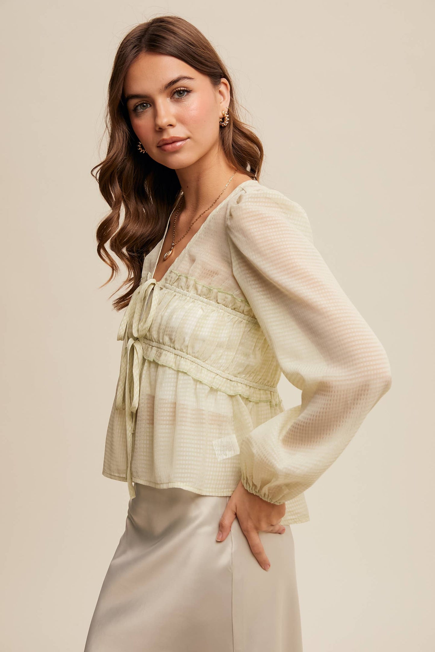 3146 Sheer Puff Sleeve Tie-Front Blouse