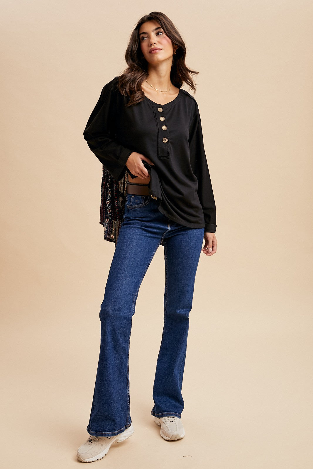 Oversized Henley Contrast Print Top