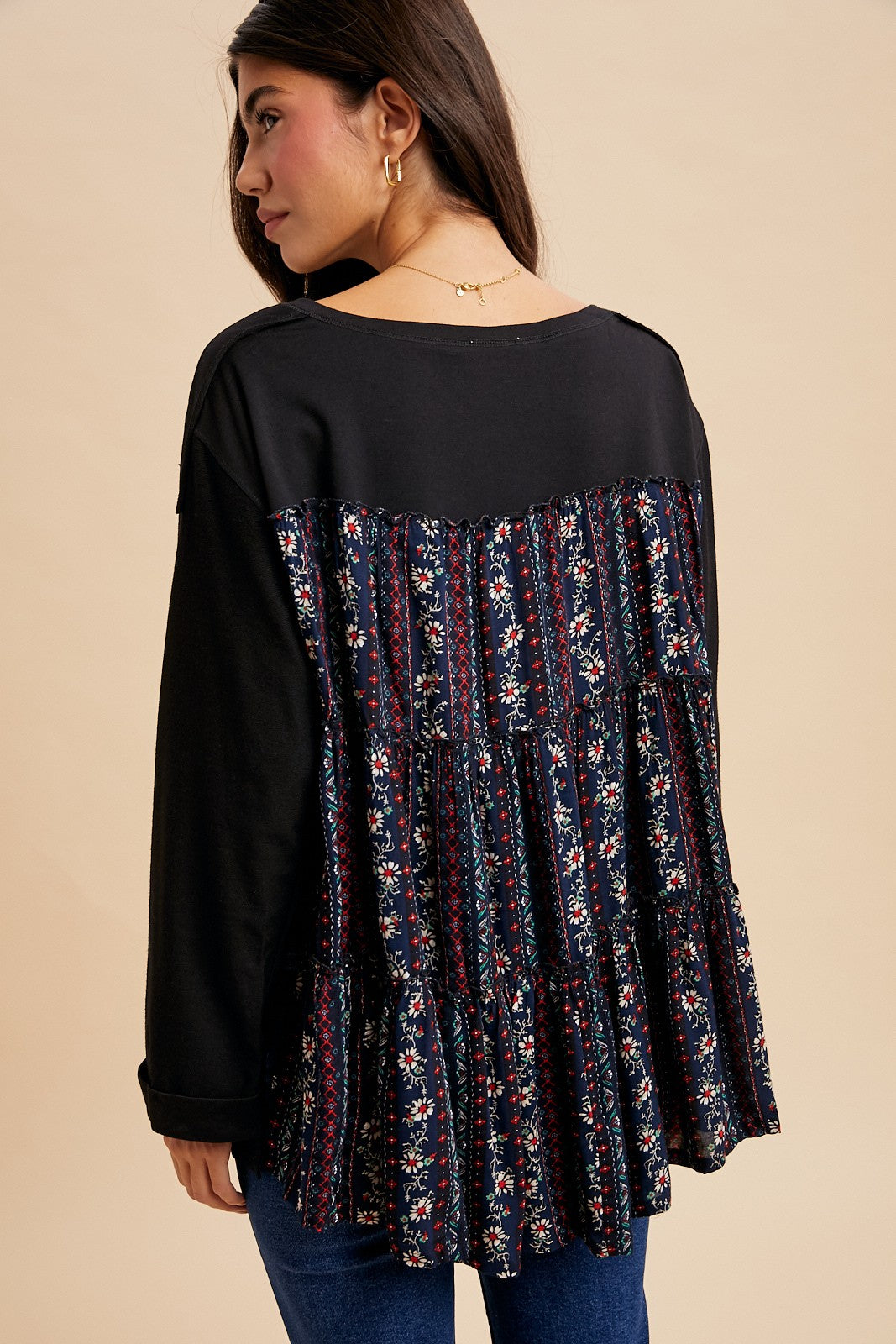 Oversized Henley Contrast Print Top