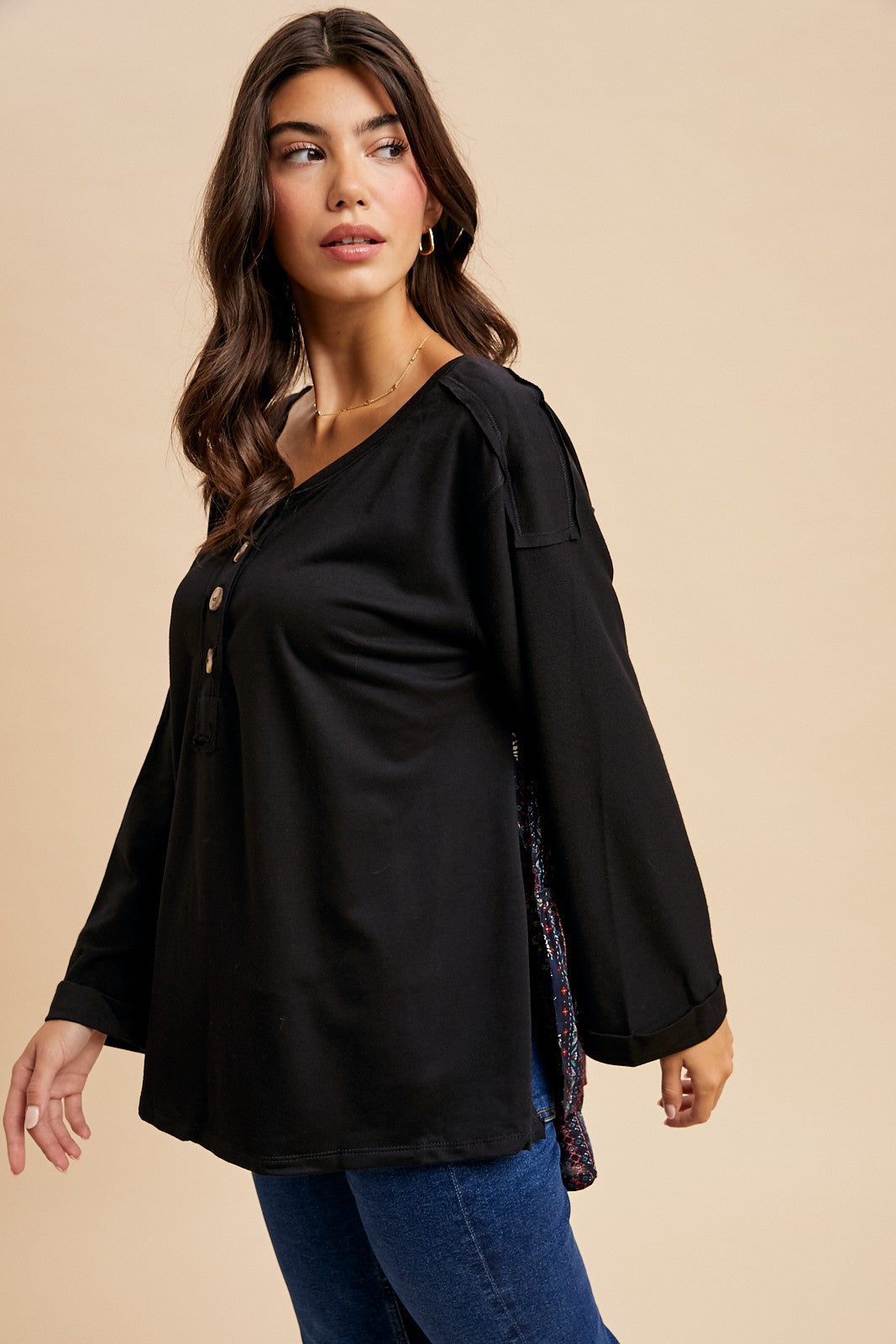 Oversized Henley Contrast Print Top