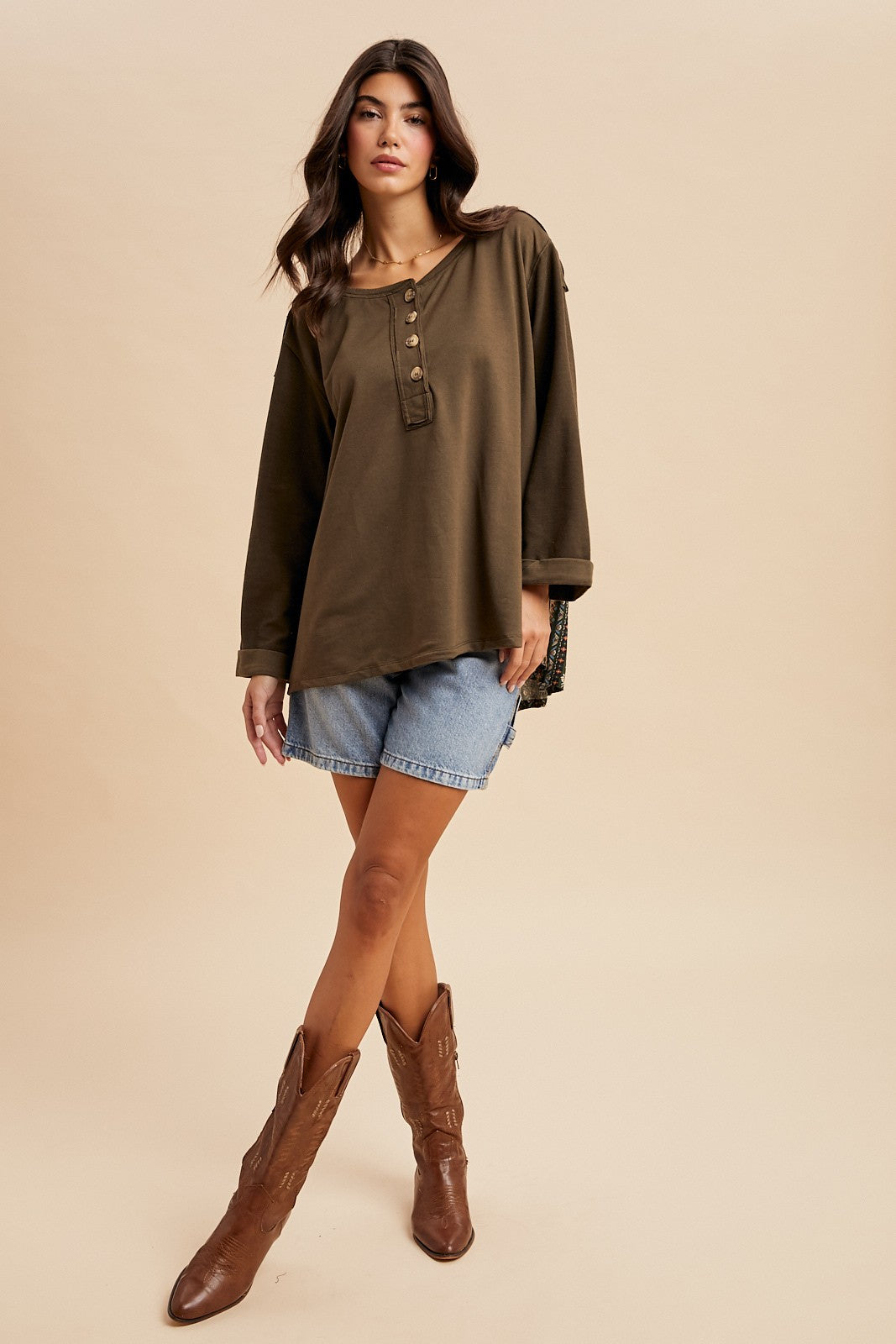 Oversized Henley Contrast Print Top
