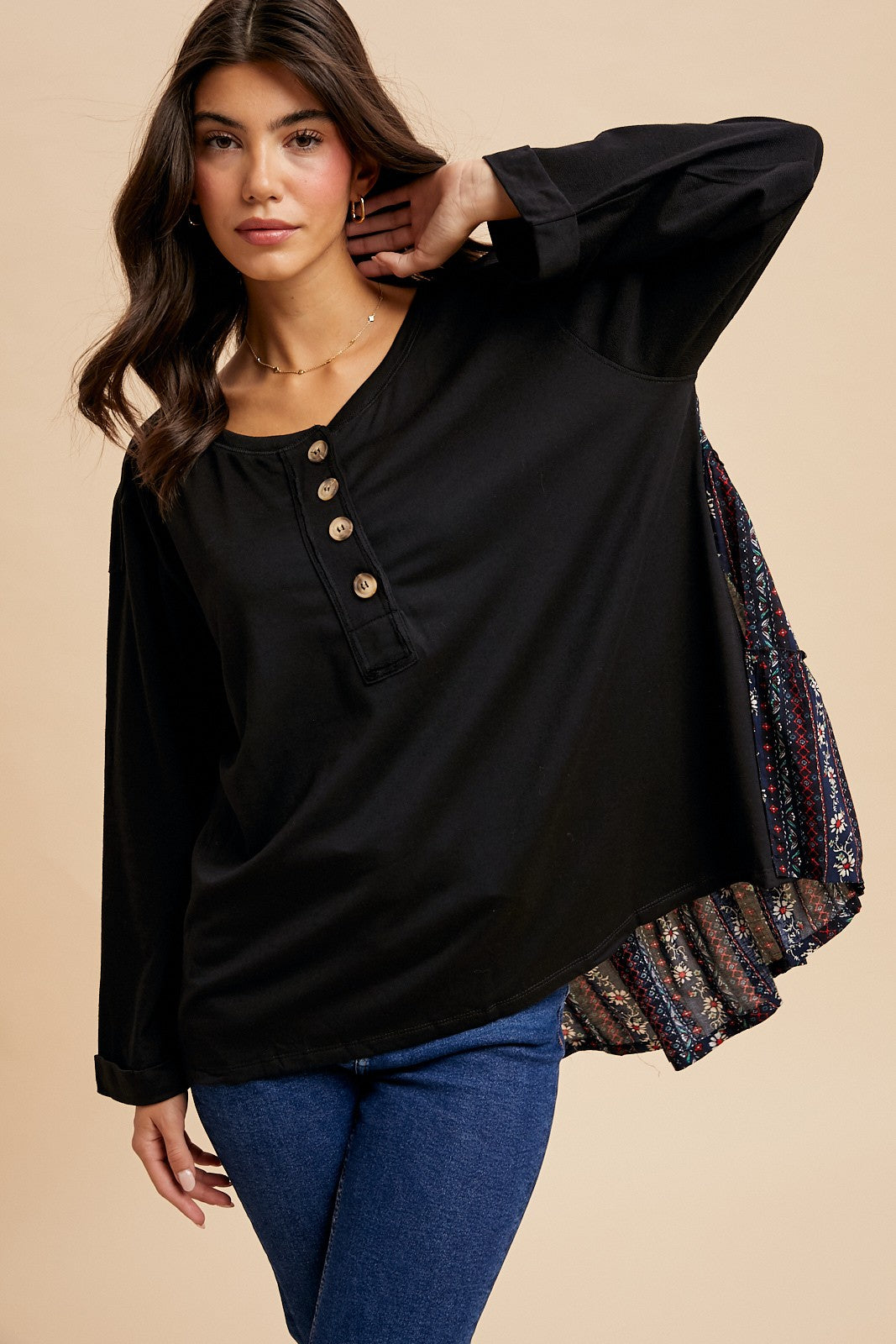 Oversized Henley Contrast Print Top