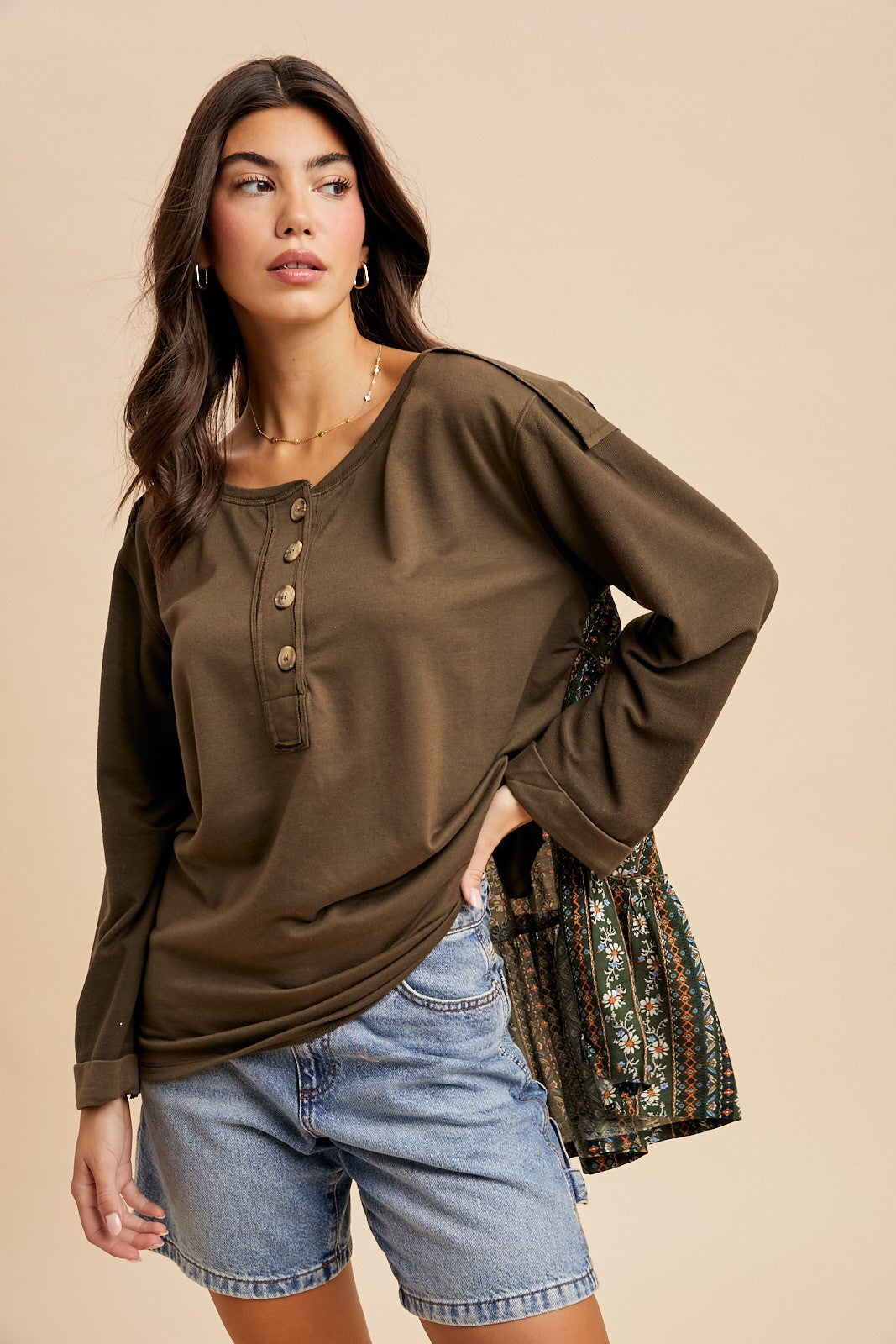 Oversized Henley Contrast Print Top
