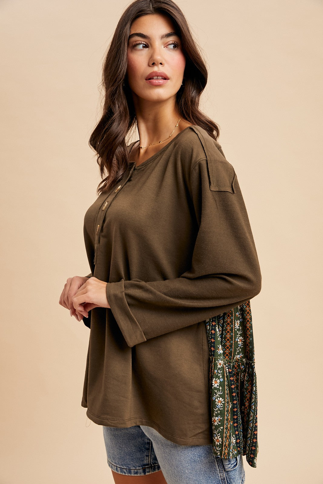 Oversized Henley Contrast Print Top