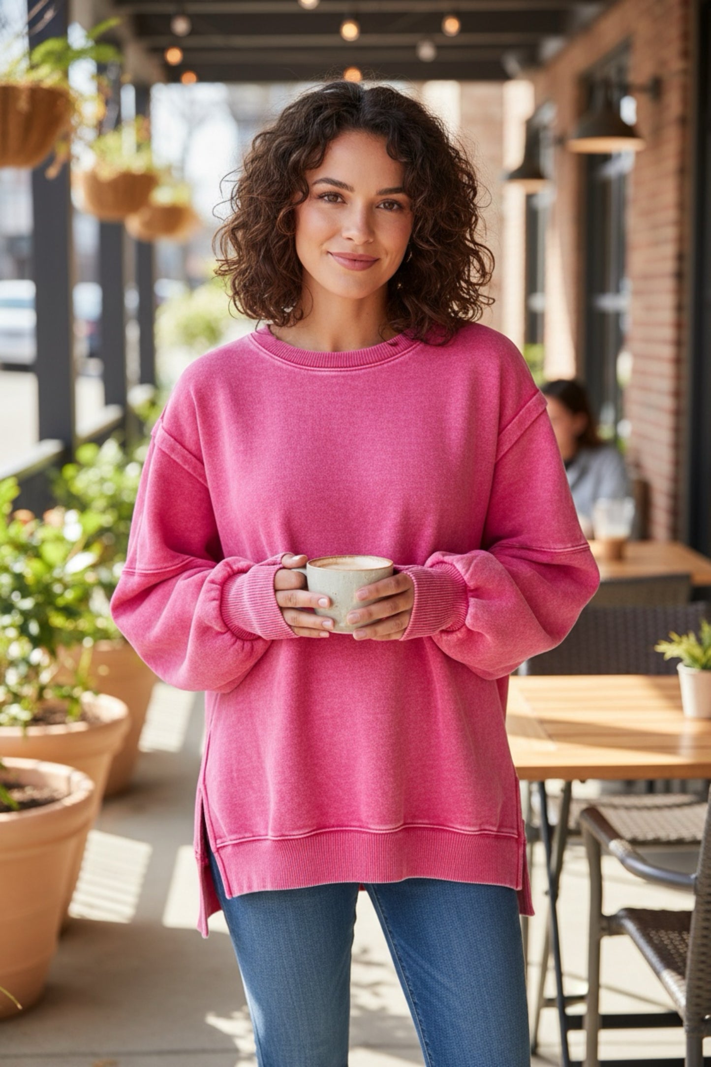 789 Zenana Acid Washed Batwing Sleeve Fleece Sweatshirt