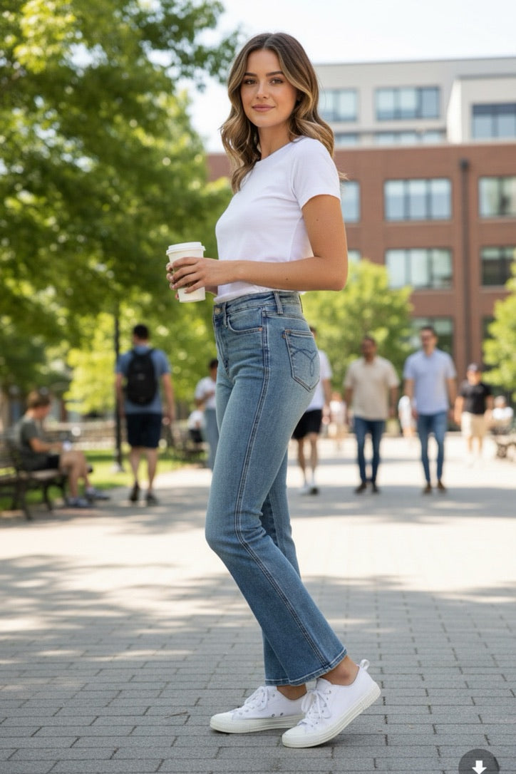 Shayla Judy Blue Full Size Tummy Control Back Embroidered Pocketed Bootcut Jeans