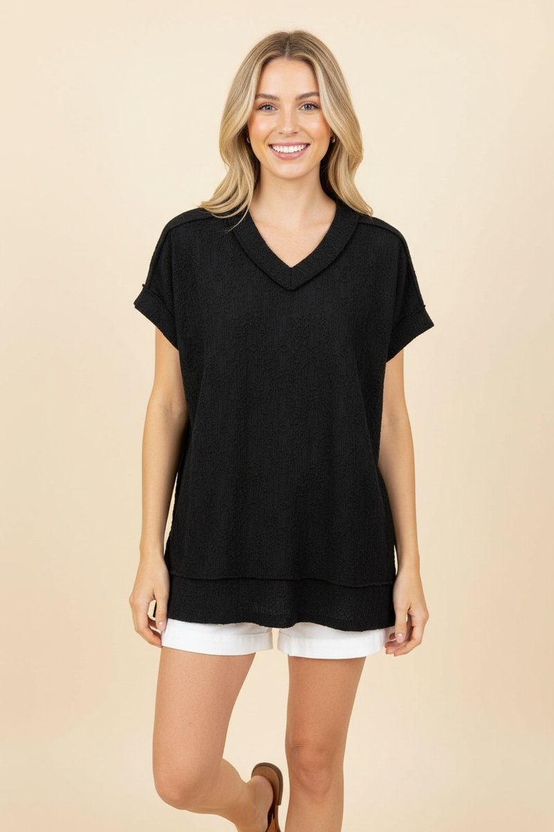 286 Blossom Breeze Embossed V-Neck Top HEIMISH