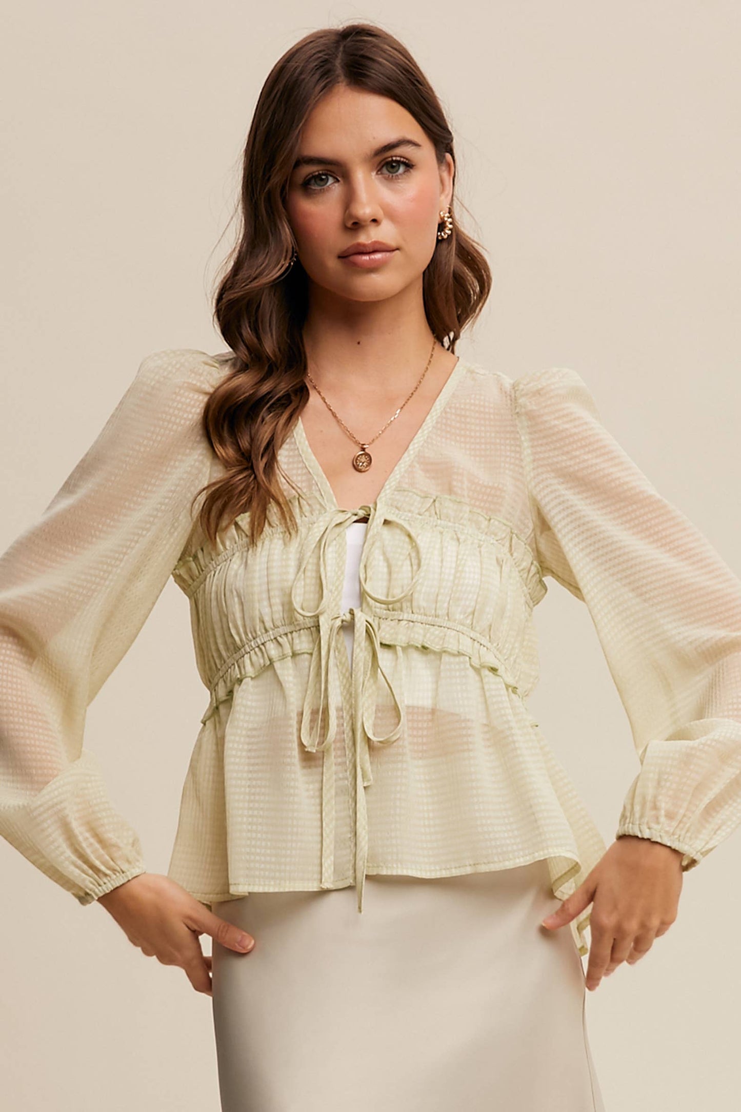 3146 Sheer Puff Sleeve Tie-Front Blouse