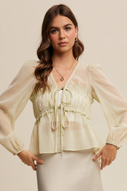 3146 Sheer Puff Sleeve Tie-Front Blouse