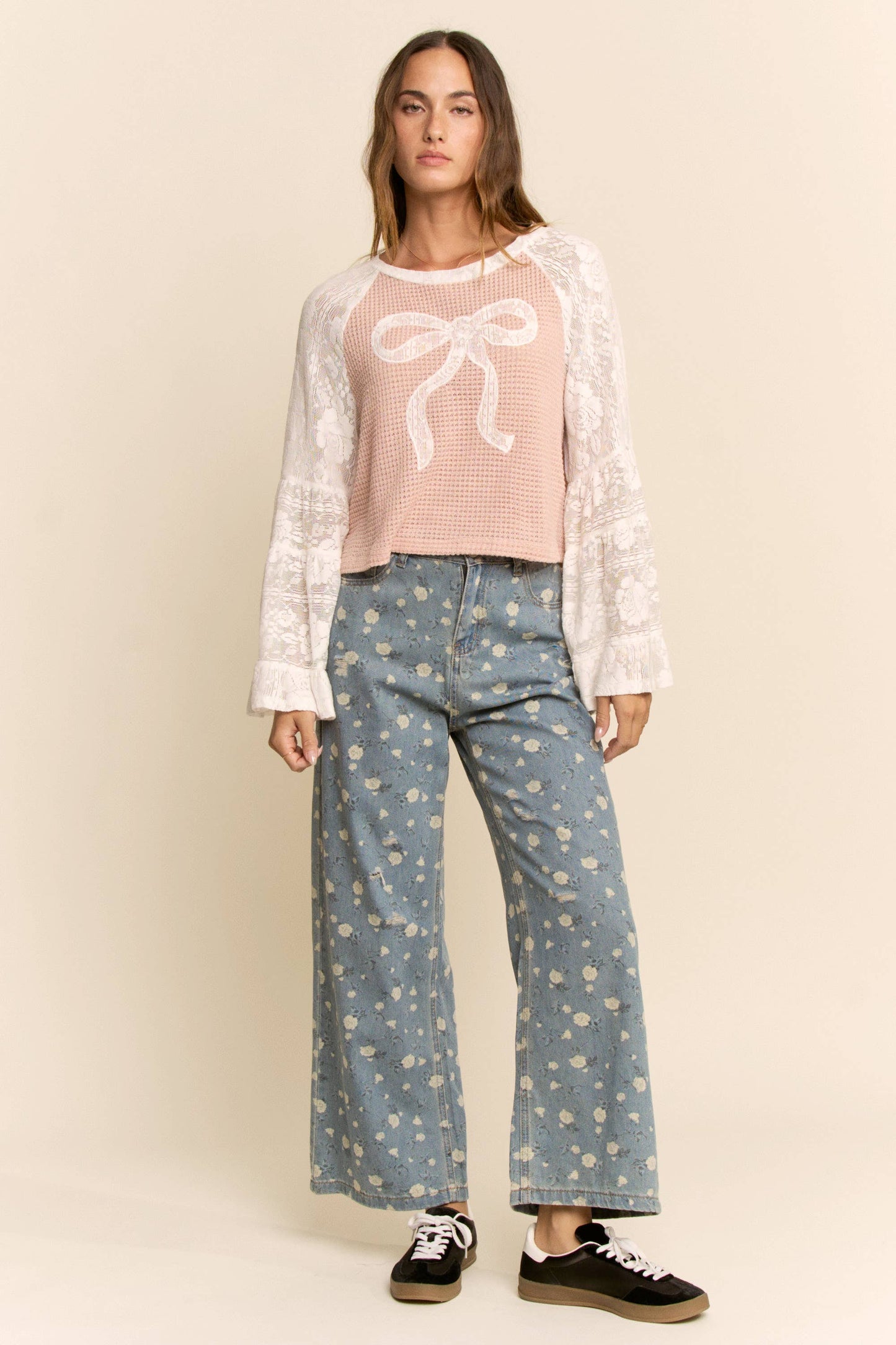 698 FLORAL PRINT HIGH-WAISTED WIDE-LEG DENIM PANTS SM-3XL