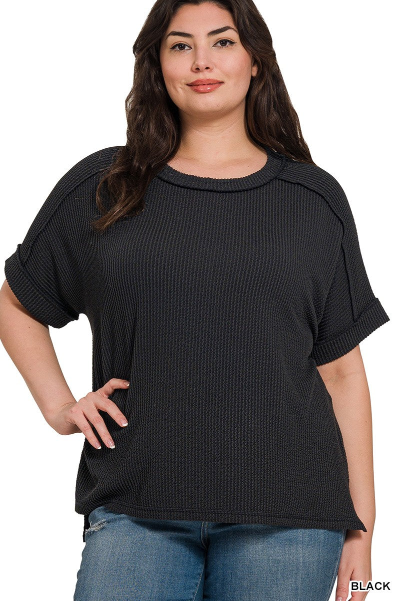 967 Raised Rib Cuff Sleeve Raw Edge Top SM-3X