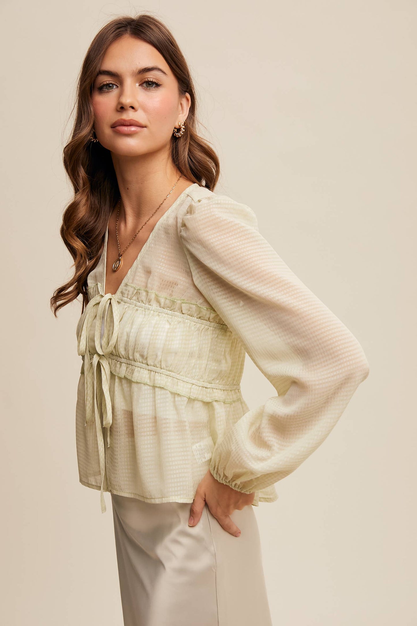 3146 Sheer Puff Sleeve Tie-Front Blouse