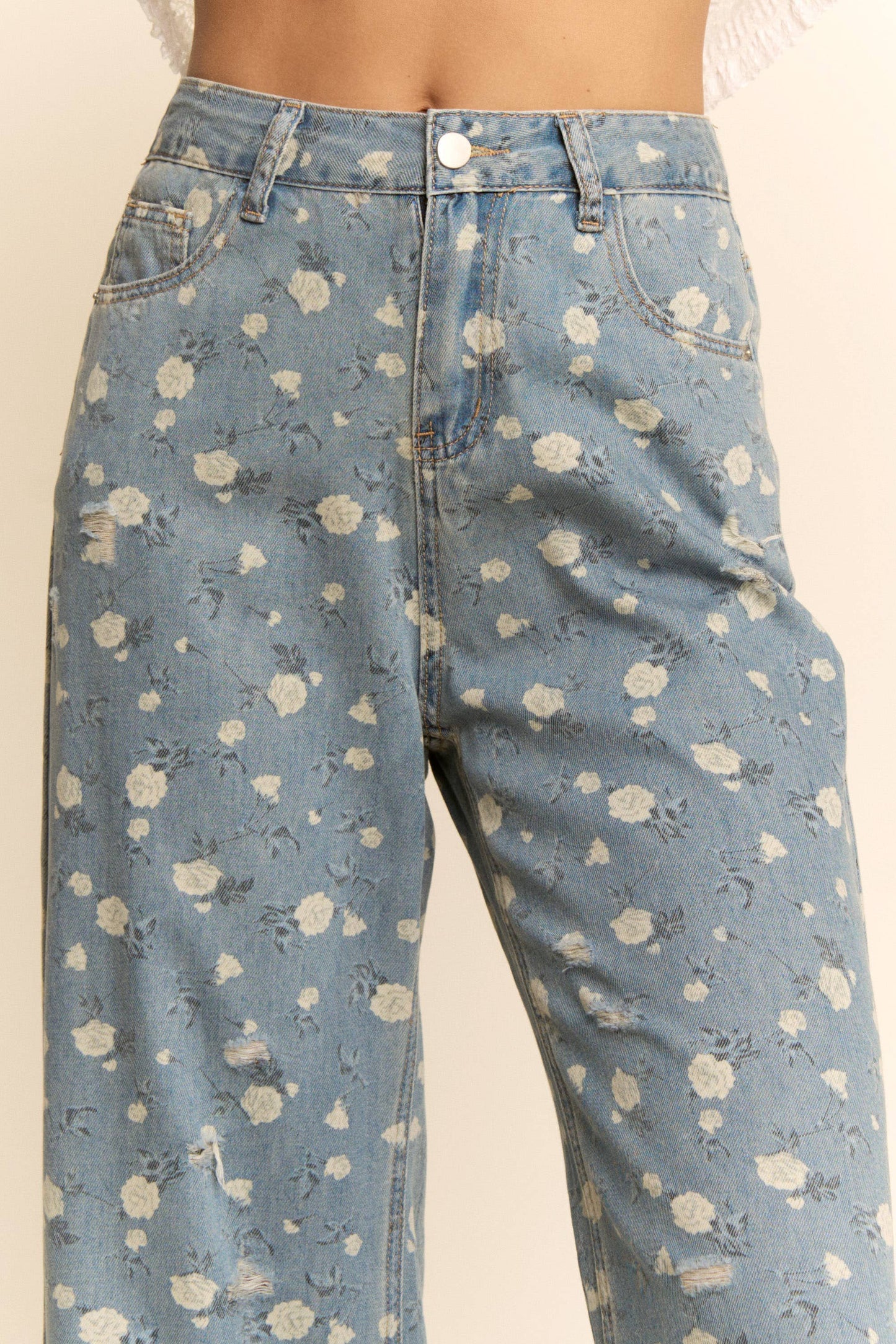 698 FLORAL PRINT HIGH-WAISTED WIDE-LEG DENIM PANTS SM-3XL