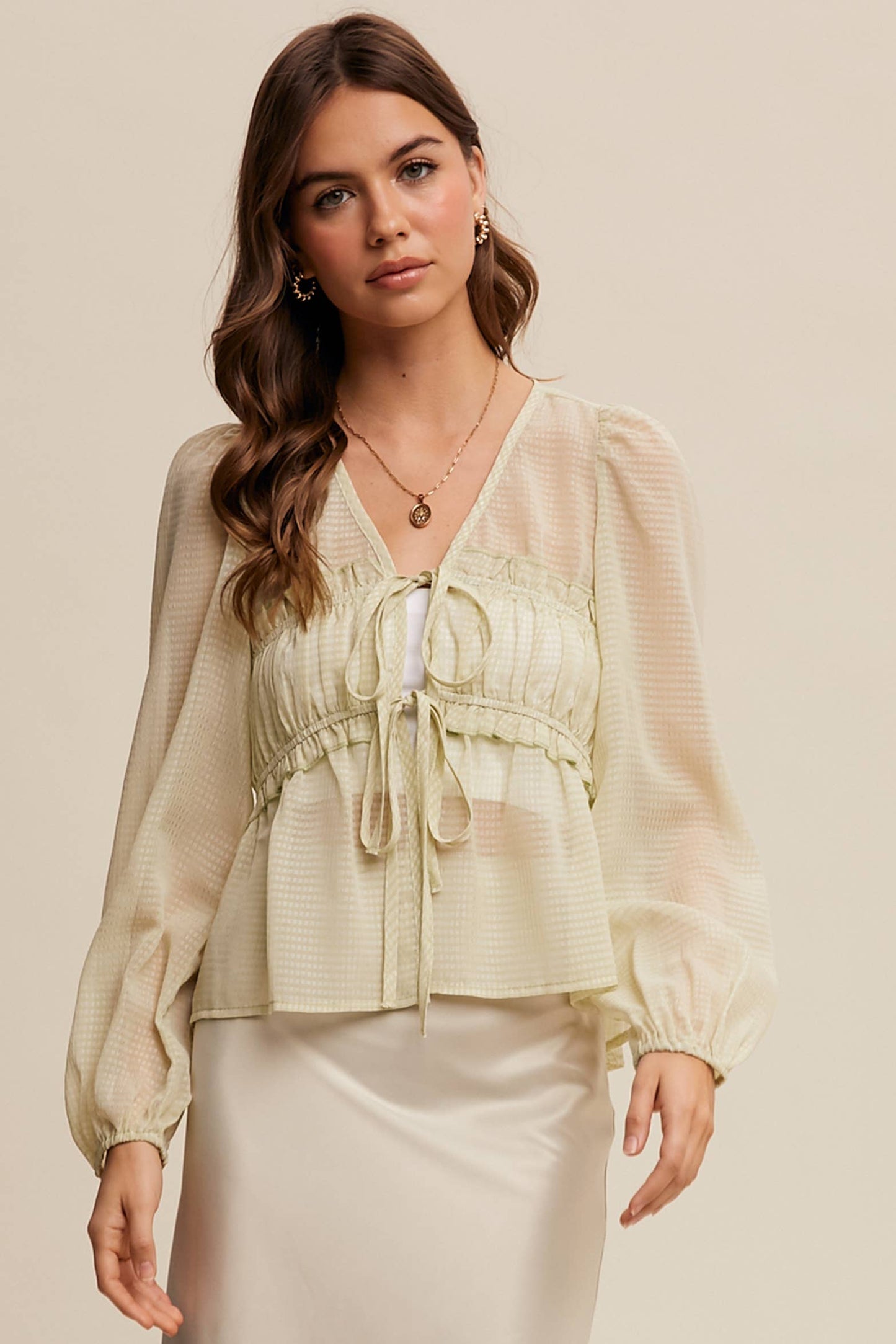 3146 Sheer Puff Sleeve Tie-Front Blouse
