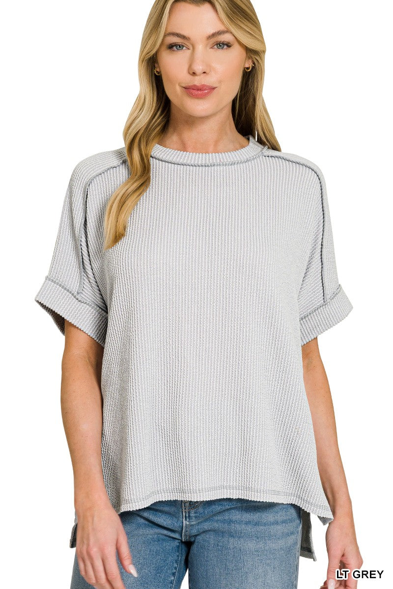 967 Raised Rib Cuff Sleeve Raw Edge Top SM-3X