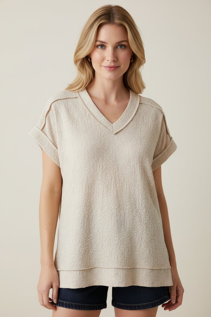 286 Blossom Breeze Embossed V-Neck Top HEIMISH