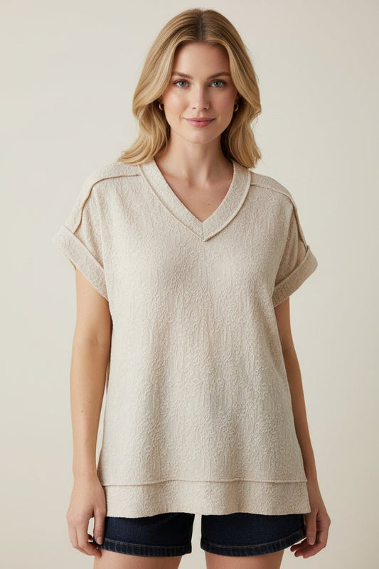 286 Blossom Breeze Embossed V-Neck Top HEIMISH